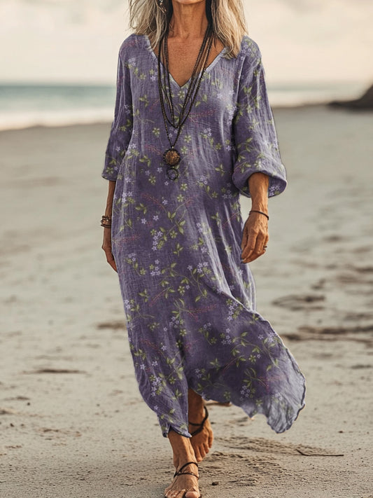 Women's Vintage Floral Art Print Pocket Cotton Dress