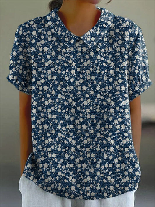 Women's Vintage Floral Art Print Casual Cotton And Linen Shirt