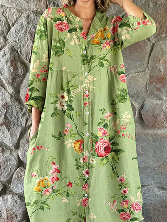 Women's Resort Rose Floral Pattern Cotton Shirt Dress