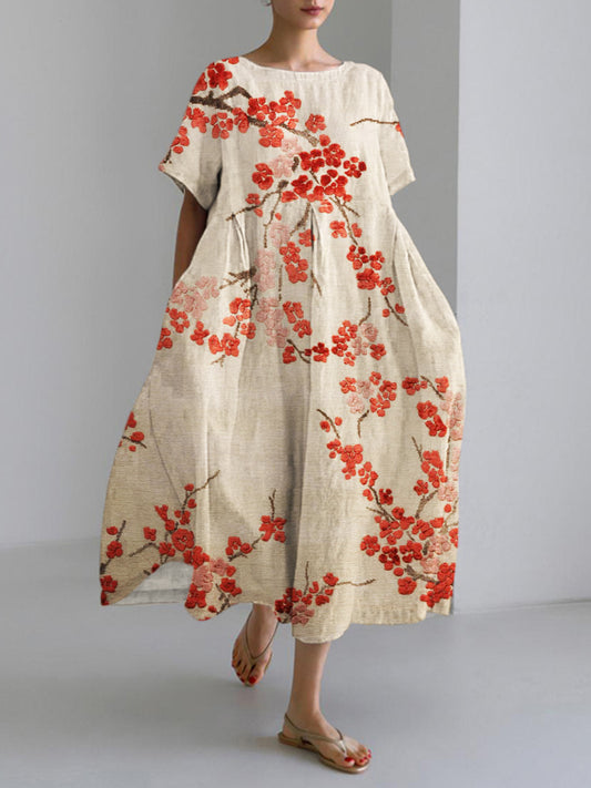 Vintage Embroidered Floral Pattern Women's Linen Long Dress