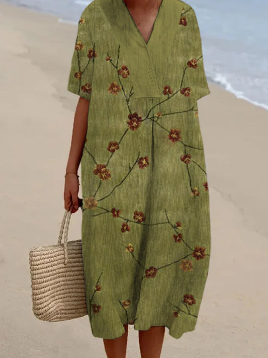 Vintage Plum Floral Print Women's V-Neck Maxi Dress