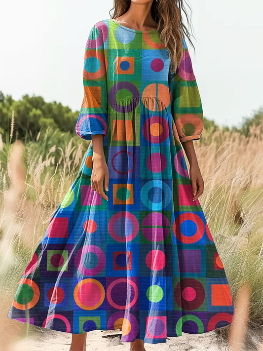 Women's Retro Abstraction Art Print Flowy Cotton Crew Neck Dress
