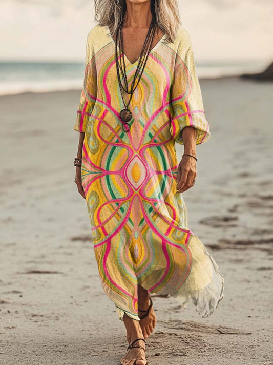 Women's Boho Irregular Line Pattern Art Print Pocket Cotton Dresses