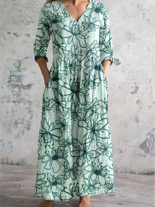Women's Elegant Simple Jasmine V Neck Pocket Cotton and Linen Dress