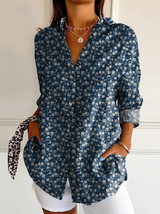 Women's Vintage Floral Art Print Casual Cotton Shirt