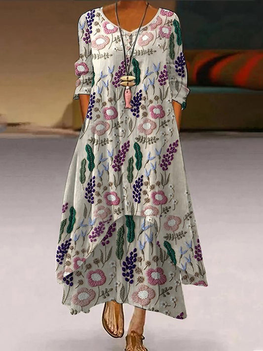 Embroidered Art Flower Print Casual Maxi Dress