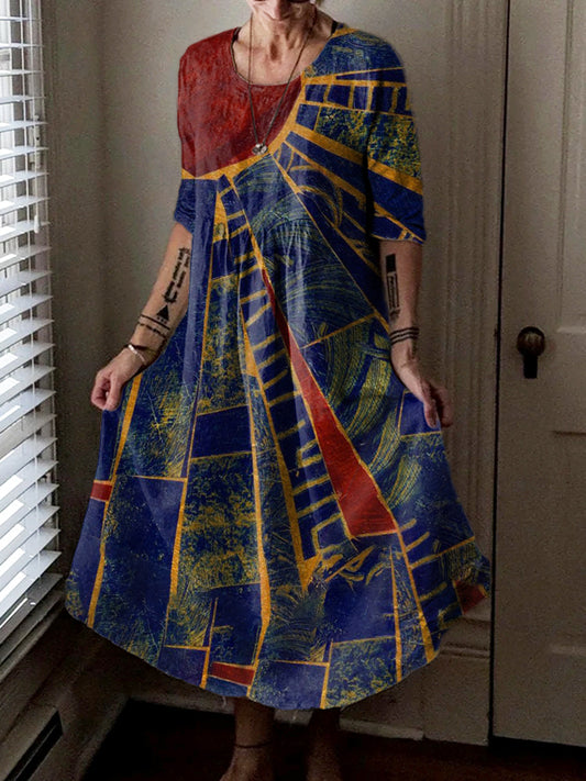 Women's Vintage Sun Collage Art Print Long Sleeve Pocket Cotton Dress