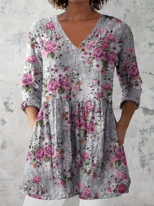 Women's Retro Floral Art Print Casual Cotton And Linen V-neck Top