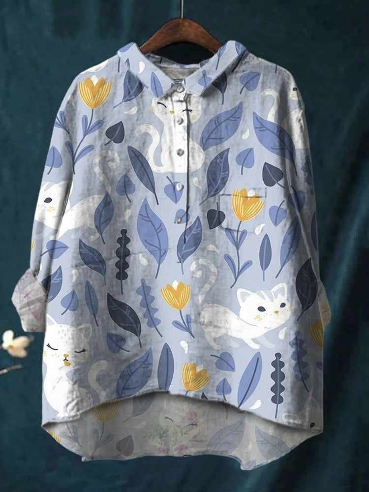Cartoon Cute Kitten Leaves Printed Cotton And Linen Shirt