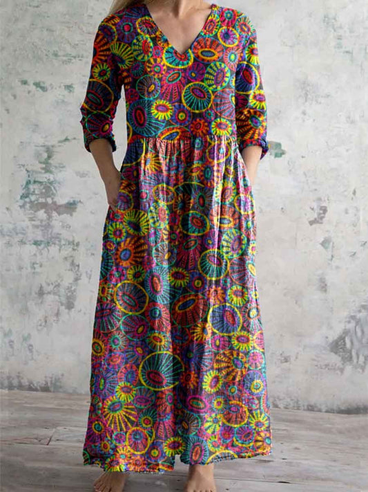 Women's Artistic Texture Geometric Pattern V-neck Cotton And Linen Dre