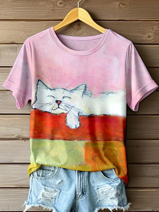 Women's Cute Animal Cat Pattern Print Round Neck T-shirt