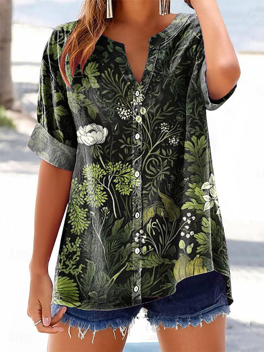 Women's Floral Pattern Art Print Casual Cotton Linen Short Sleeve Shir