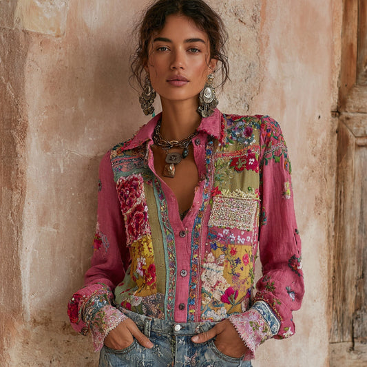 Women's Vintage Bohemian Floral Embroidery Patchwork Art Shirt