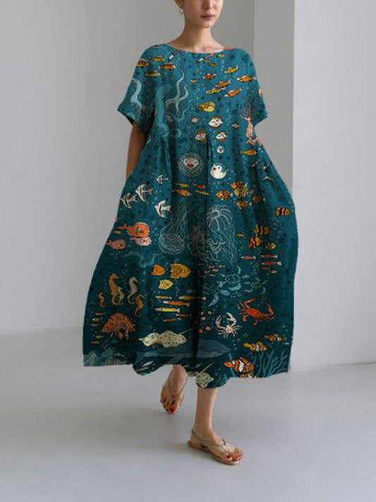 Marine Animal Print Crew Neck Short Sleeve Loose Midi Dress
