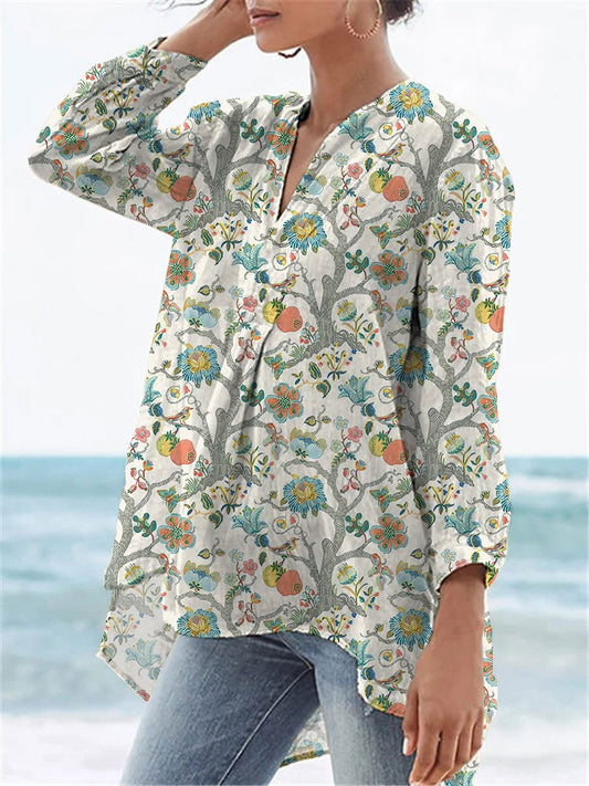 Sweet Summer Fruit And Floral Pattern Printed Women's Casual Linen V-neck Shirt