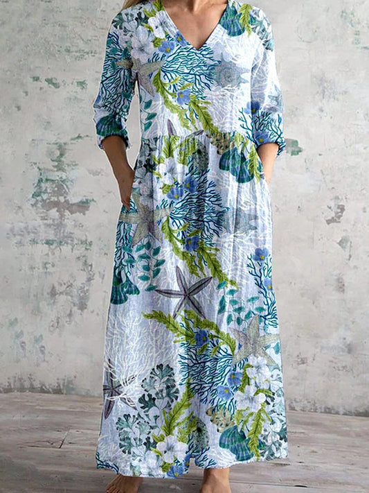 Marine Print V-Neck Loose Midi Dress
