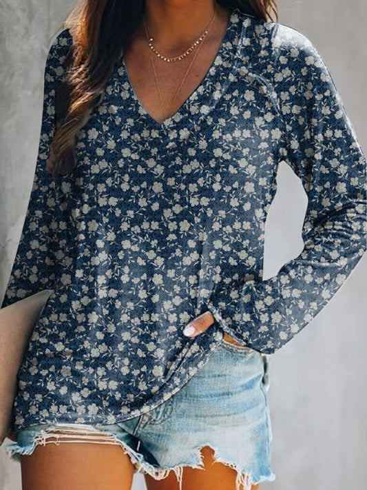 Women's Casual Vintage Floral Art Print V Neck Long Sleeve Tops