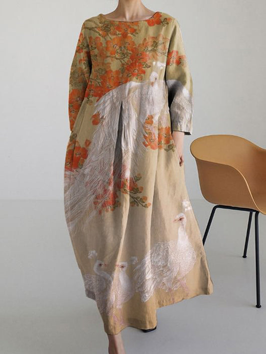 Japanese Retro Peacock Art Vintage Long Sleeve Midi Dress