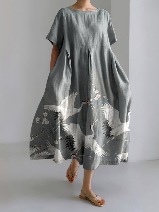 Crane Print Crew Neck Short Sleeves Midi Dress