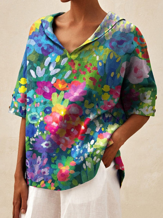 Women's Vintage Lovely Floral Art Print Casual Linen V-neck Shirt