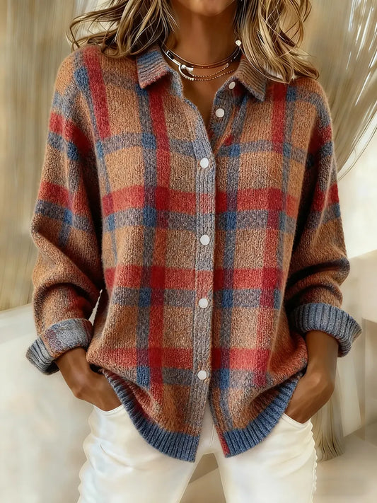 Women's Classic Plaid Pattern Printed Knit Cardigan
