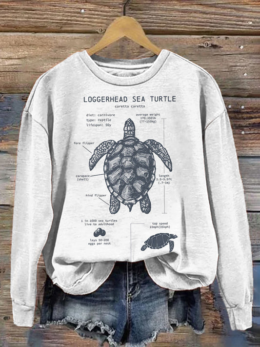 Vintage Sea Turtle Print Casual Sweatshirt