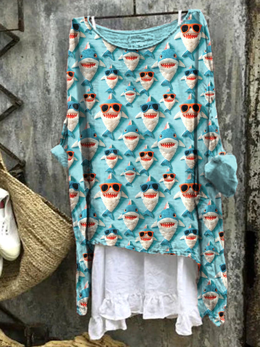 Sharks Pattern Linen Blend Comfort Shirt
