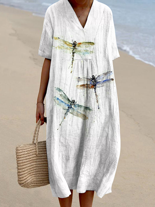 Women'S Colorful Dragonflies Linen Blend Dress