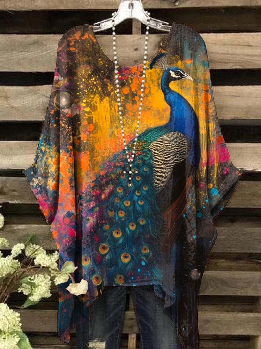 Women's Vintage Abstract Peacock Painting Art Print Crew Neck Top