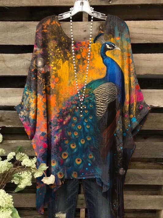 Women's Vintage Abstract Peacock Painting Art Print Crew Neck Top