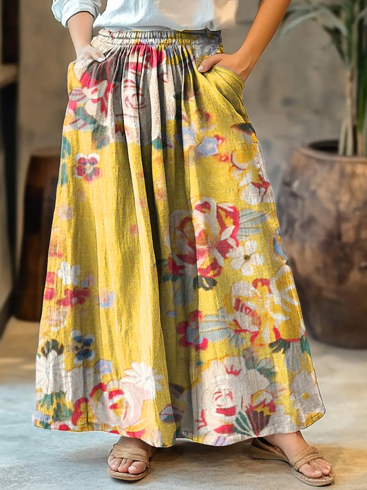 Women's Bohemian Floral Art Print Cotton Pocket Skirt