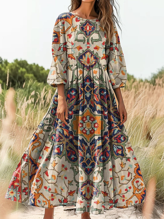 Women's Vintage Ethnic Floral Art Print Flowy Cotton Crew Neck Dress