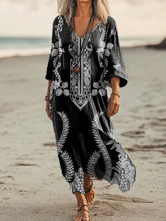 Women's Floral Embellished Pattern Art Print Pocket Cotton Dress