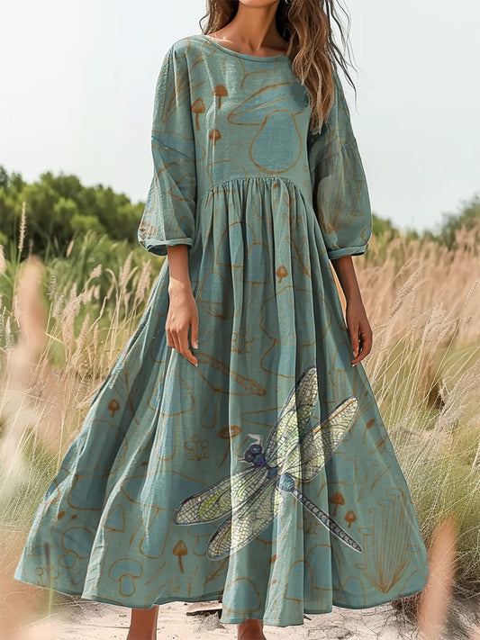 Women's Retro Dragonfly Art Print Flowy Cotton Crew Neck Dress