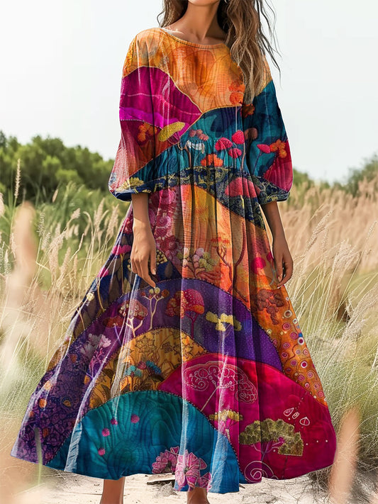 Women's Bohemian Floral Collage Art Print Flowy Cotton Crew Neck Dress