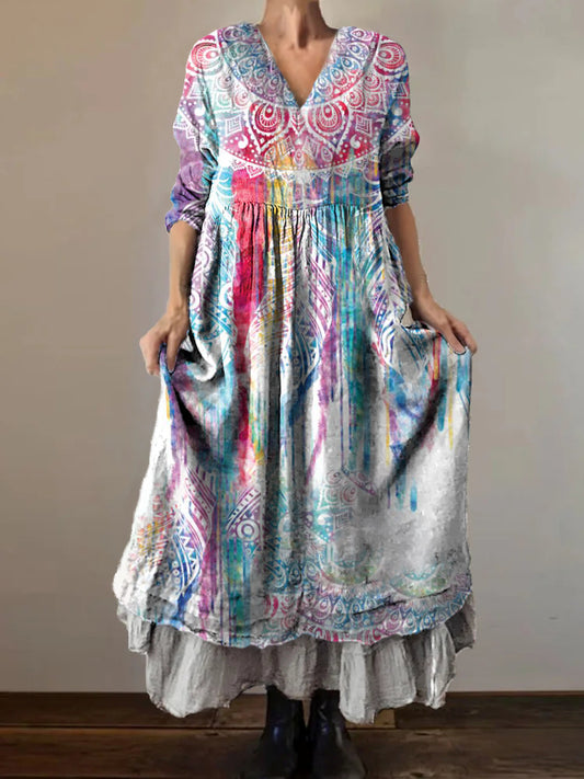 Women's Tie-Dye Mandala Art Print V-Neck Button Pocket Cotton Dress