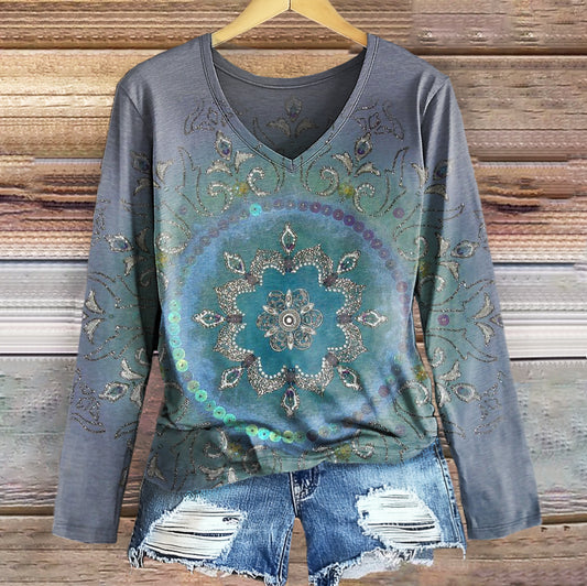 Women's Vintage Ethnic Floral Art Print Casual V-neck Long Sleeve T-sh