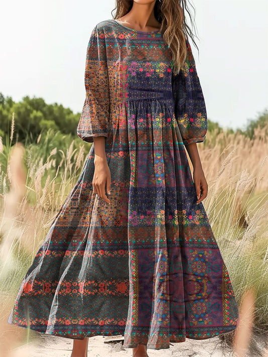 Women's Patchwork Floral Art Print Cotton Round Neck Dress