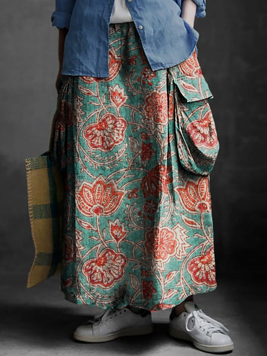 Women's Folk Art Floral Print Casual Cotton and Linen Pocket Skirt