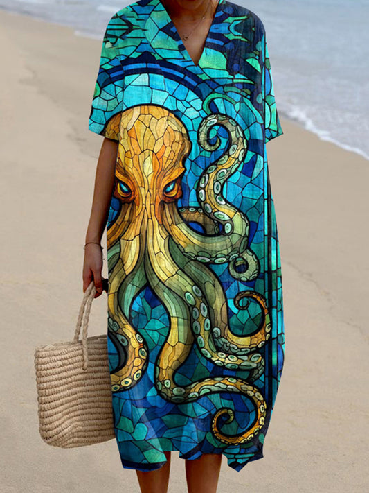 Casual Geometric Octopus Art V-Neck Dress