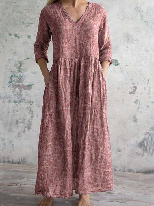 Women's Elegant Vintage Floral Pattern Cotton and Linen Dress with Poc