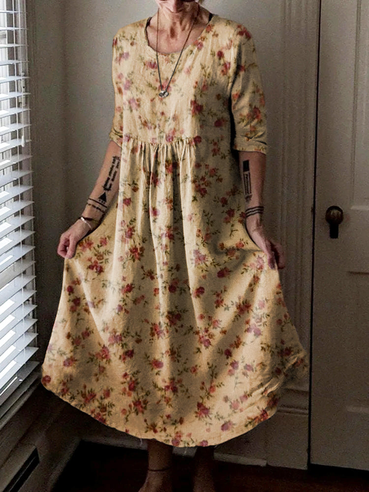 Women's Vintage Floral Art Pattern Print Pocket Cotton Dress