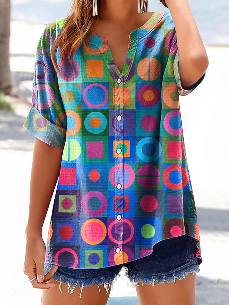 Women's Retro Abstraction Art Printed Casual Short Sleeve Cotton and L