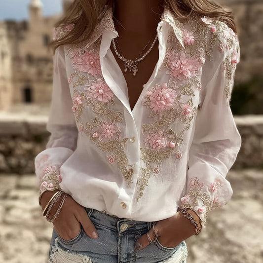 Women's Floral Embroidery Art Long Sleeve Shirt