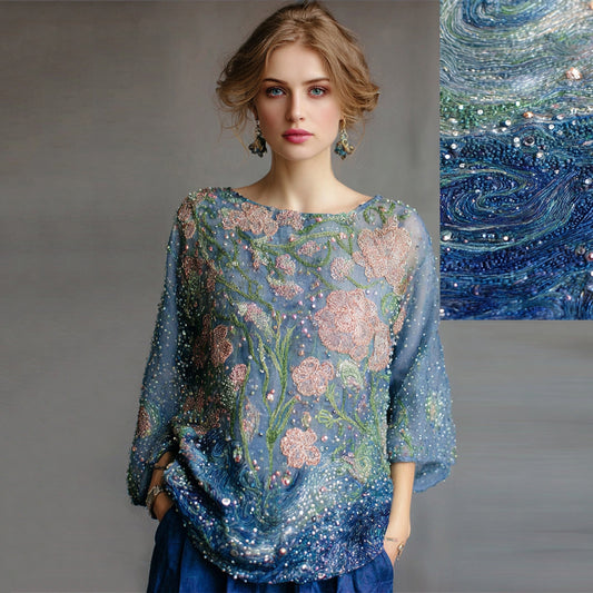 Women's Oil Painting Floral Contrast Color Sequined T-shirt