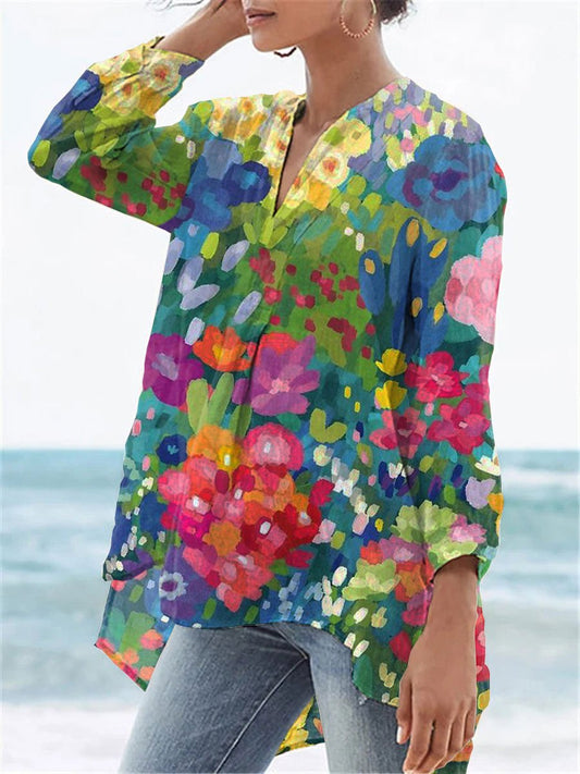 Women's Vintage Lovely Floral Art Print Casual Linen V-neck Shirt