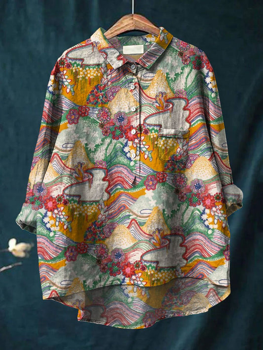 Women's Flower Art Print Casual Cotton And Linen Shirt