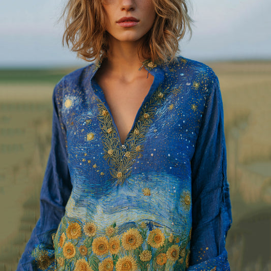 Women's Vintage Oil Painting Sunflower And Starry Night Embroidery Loose Shirts