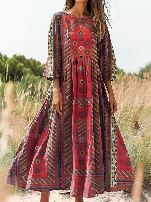 Women's Ethnic Tattoo Pattern Art Print Cotton Round Neck Dress