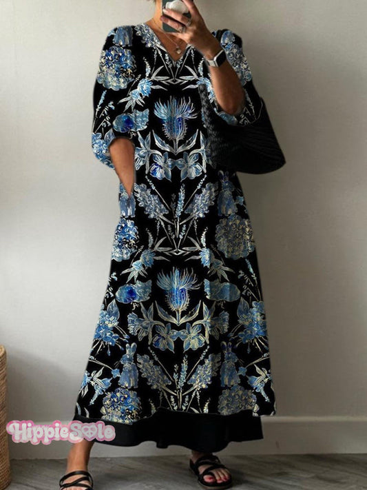 Women's Vintage Lovely Floral Art Print Pocket V-neck Cotton Dress